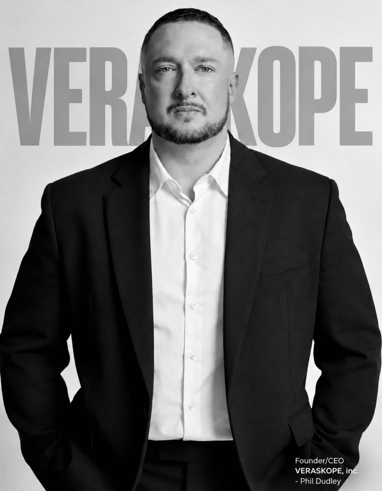 Phil Dudley, founder and CEO of VERASKOPE, in a black suit against a VERASKOPE backdrop